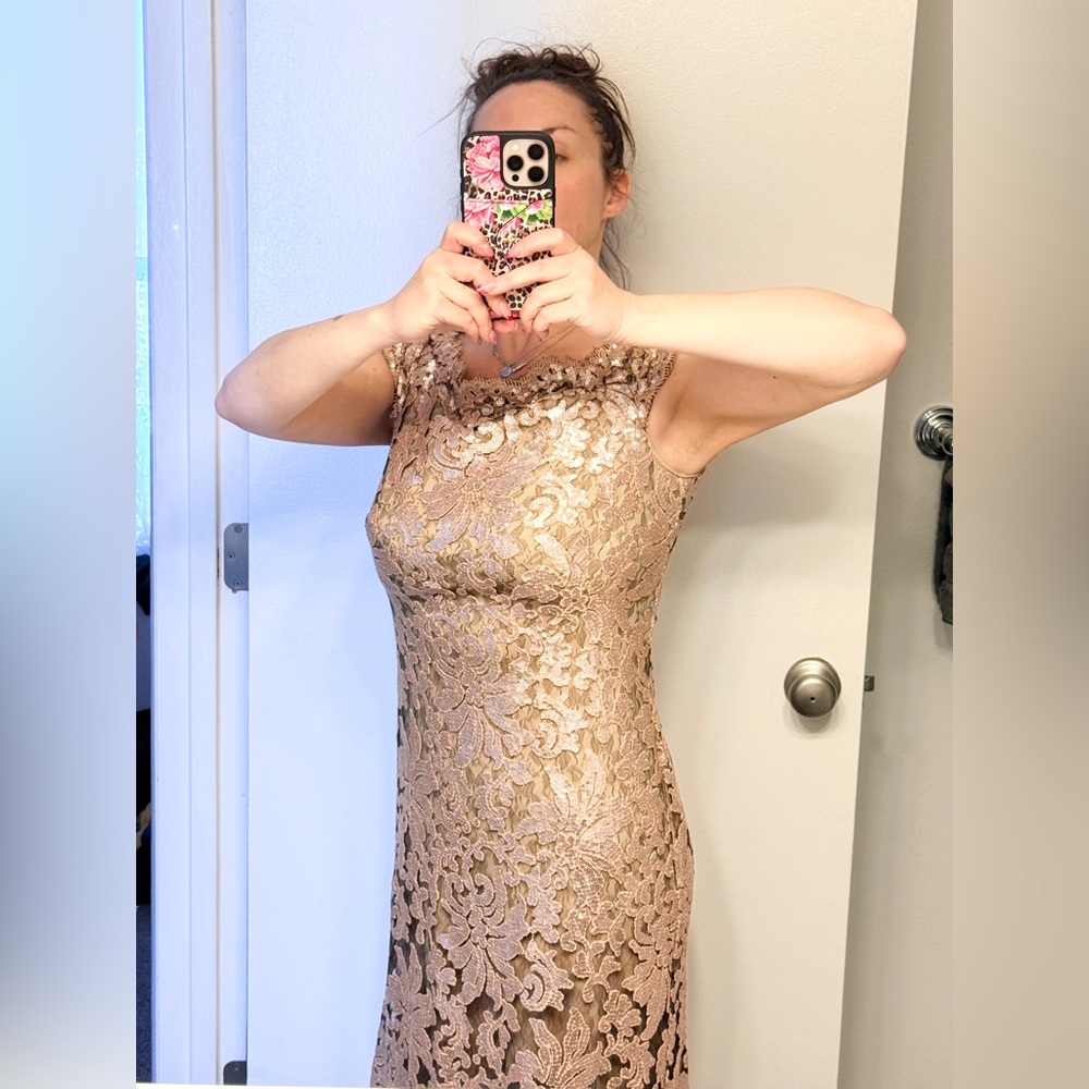 Tadashi Shoji Gold Lace Floor-length Dress. Size 10. Sequins. Zipper in back.